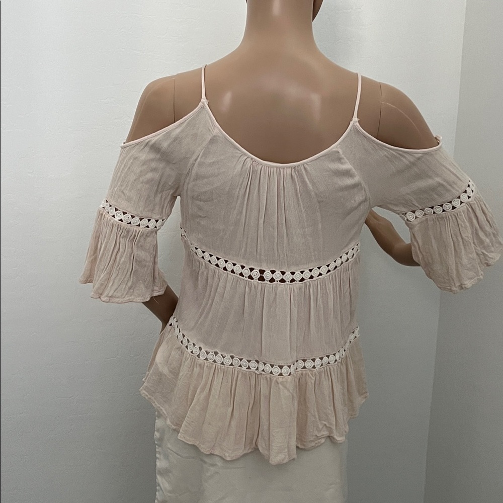 Have Junior’s Flowy Cream Boho Blouse Off-the-Shoulder Spaghetti Straps - Size S - Picture 3 of 9